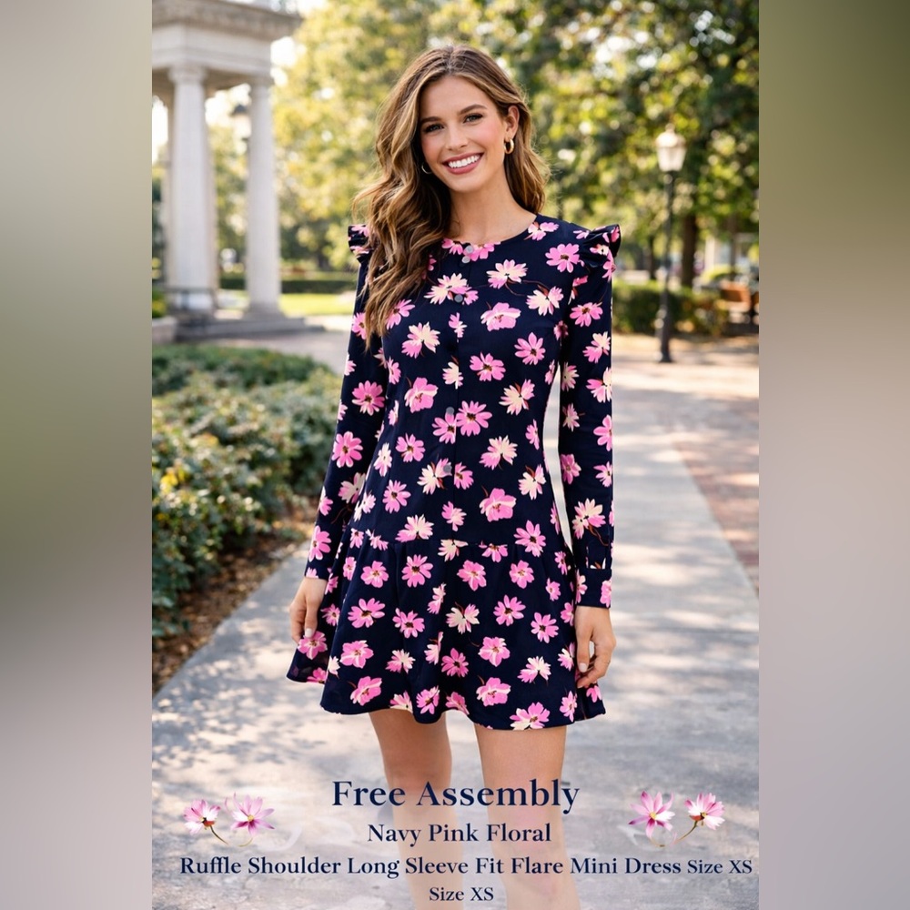 Free Assembly,Navy/Pink Floral, Ruffle Shoulder,Side Zip,Fit-Flare Dress Size XS - Picture 7 of 11